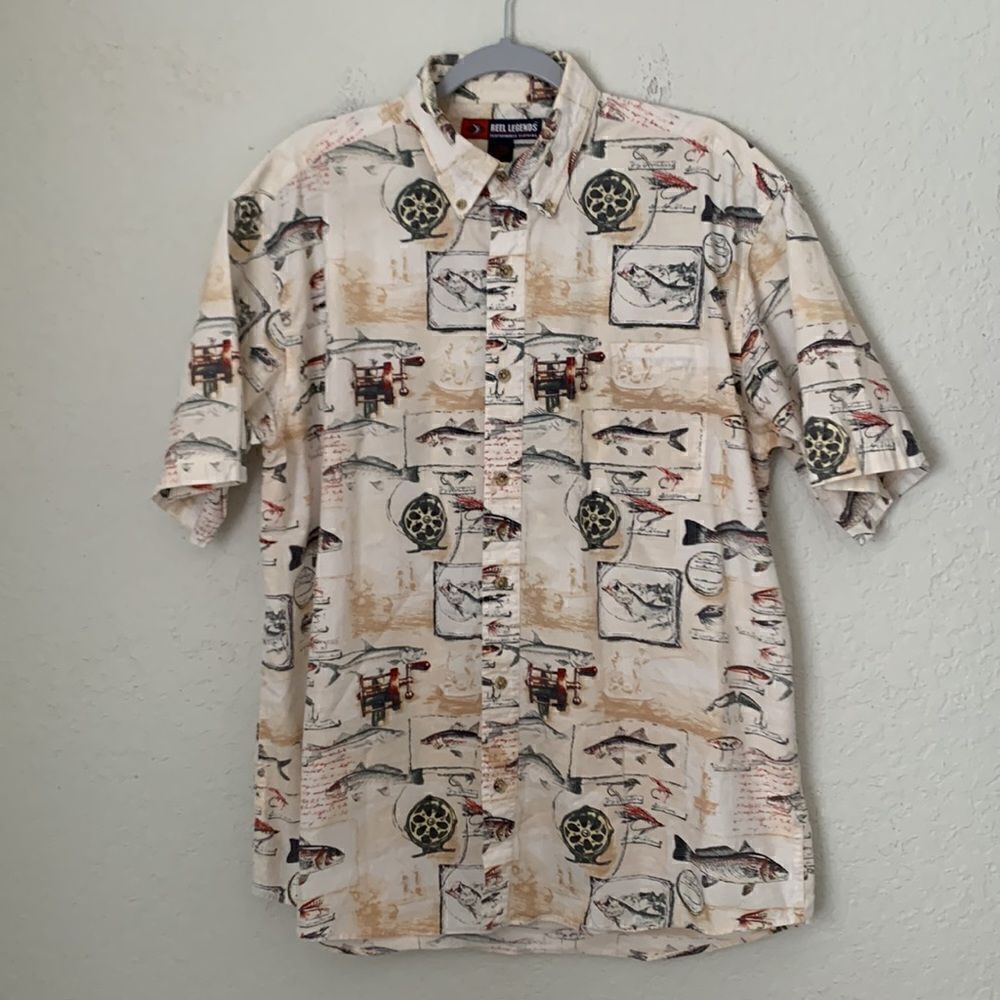 Reel Legends Fishing Print Men’s Short Sleeve Shirt Size L